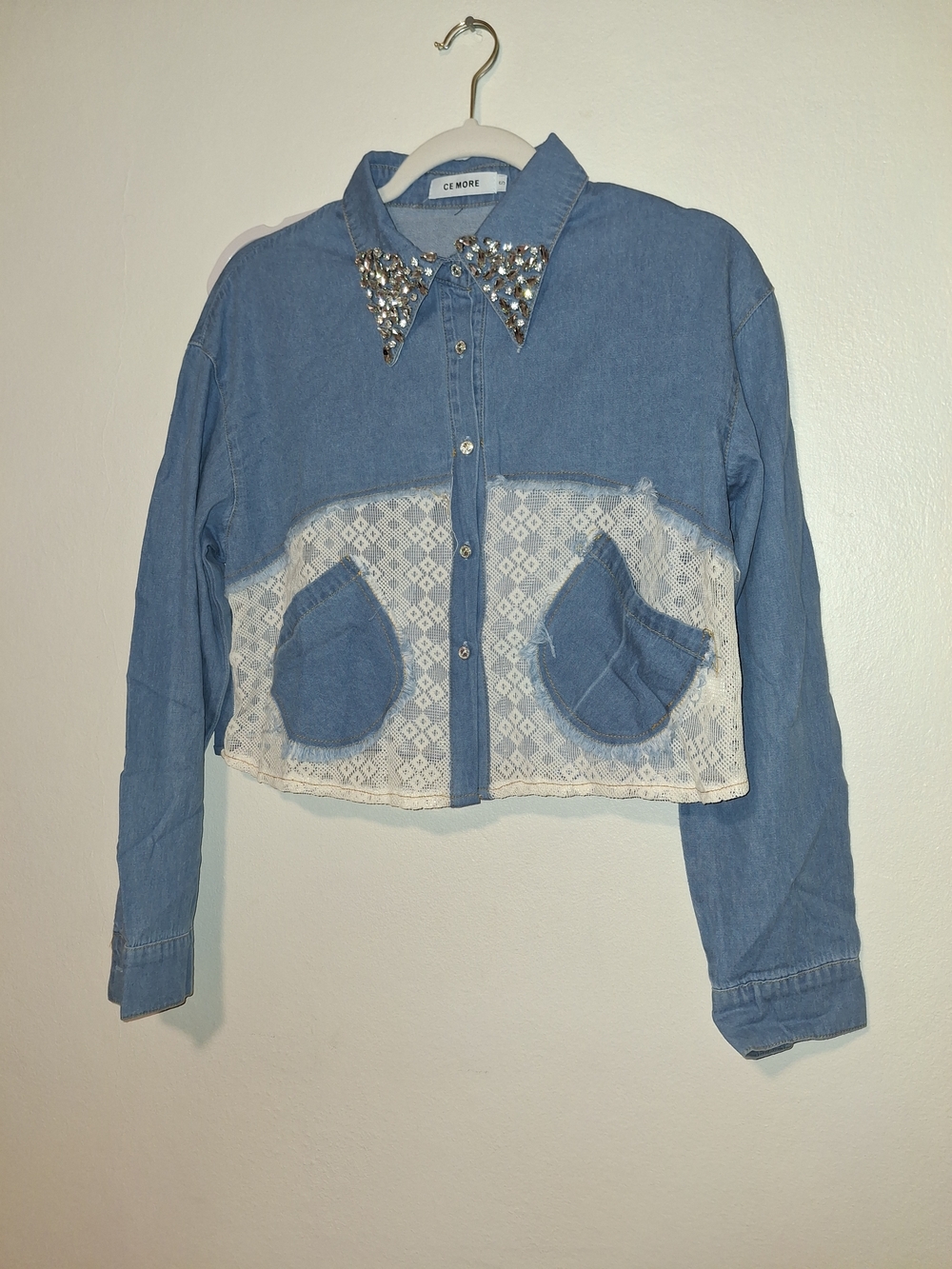 Blue Denim Crop Shirt with Embellished Collar and Lace Panel